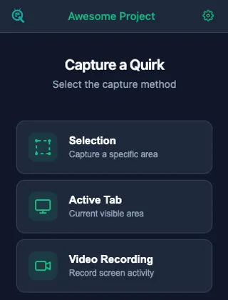 Quirx bug reporting interface showing issue creation form with GitLab, Jira, Trello, and Asana integration options